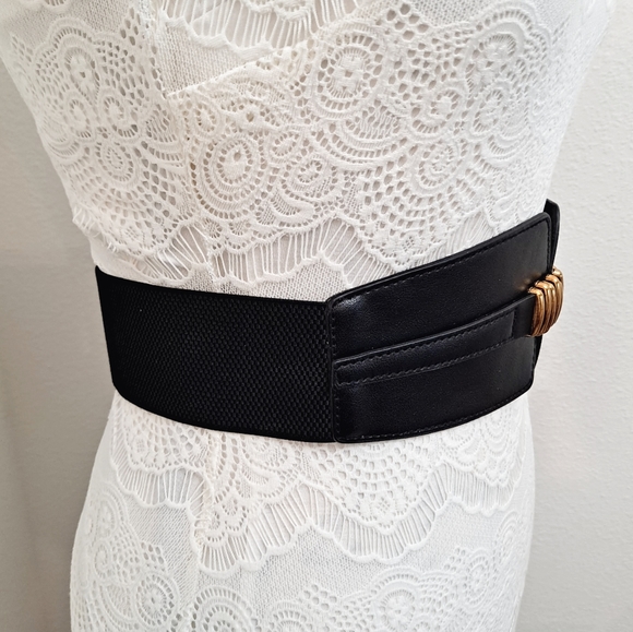 Womens Black Vintage corset boho elastic wide Faux leather gold stick waist belt - Picture 5 of 11